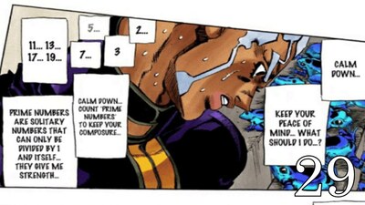 jojo panel saying "prime numbers are solitary numbers that can only be divided by 1 and itself"